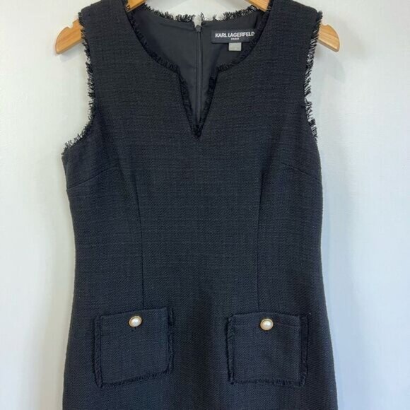 Karl Lagerfeld Midi Dress Womens 10 Black Sleeveless Tweed Office Fringed Hem - Picture 9 of 10